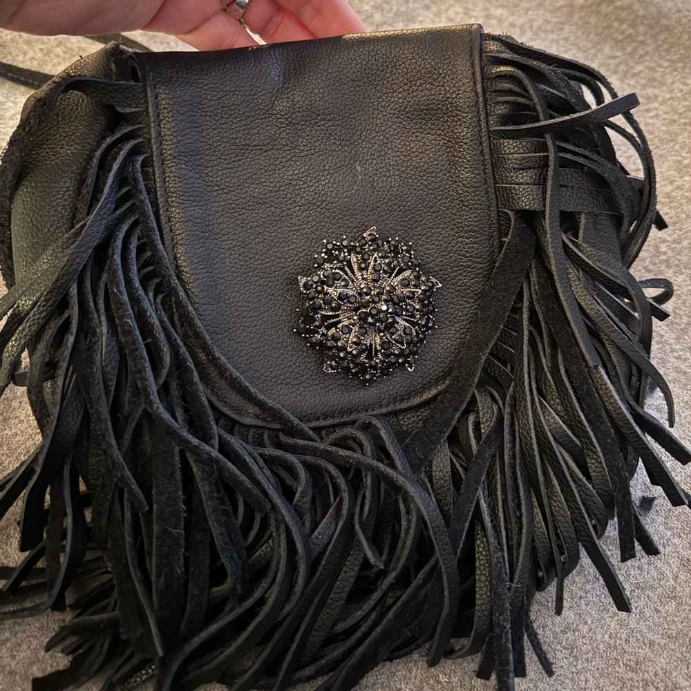 Stylish Black Leather Fringe Women's Bag